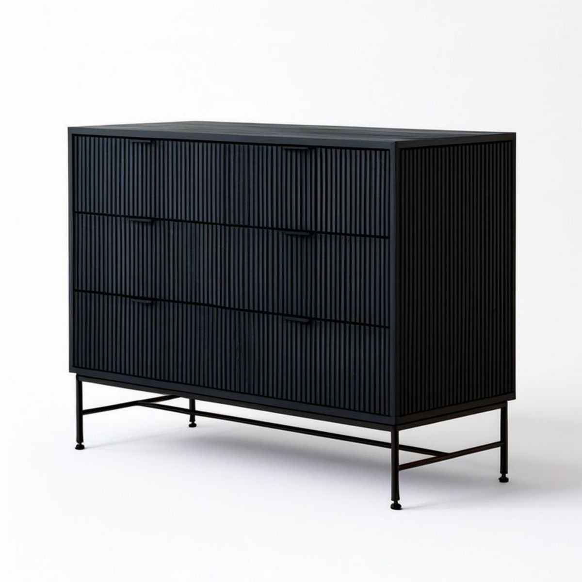 Kommode mit 3 Schubladen, 120 x 45 x 90 cm, Schwarz, geripptes MDF und Stahl