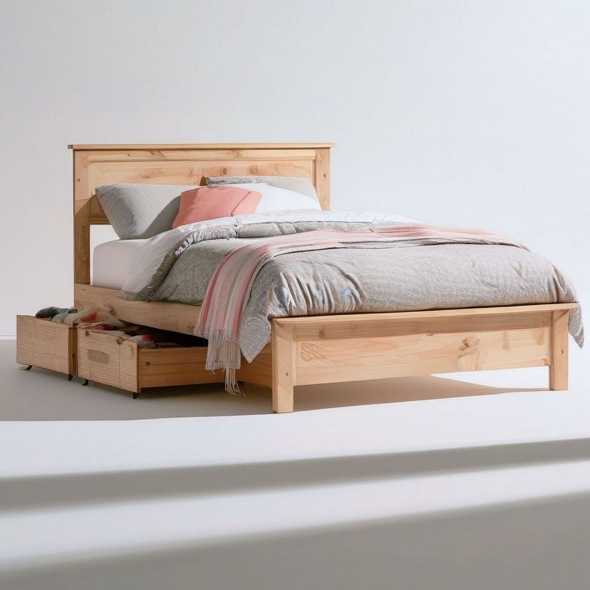 Doppelbett aus massivem Kiefernholz mit 2 Rollschubladen, 160 x 200 cm, Natur