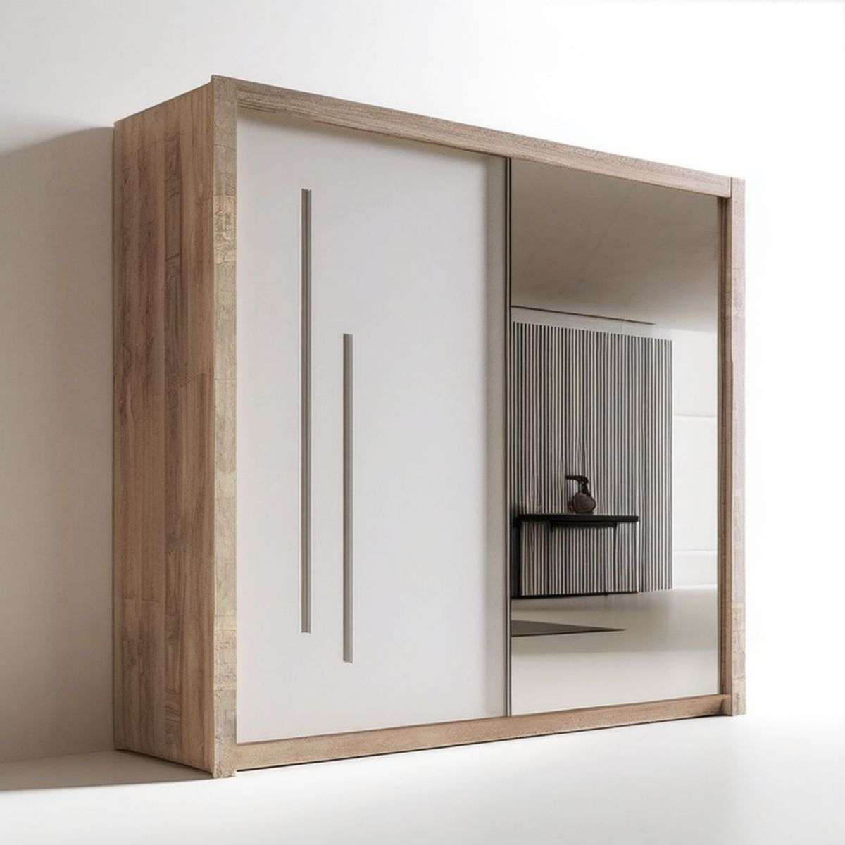 Schwebetürenschrank mit Spiegel, 200 x 60 x 200 cm, Weiss/Eiche Sonoma